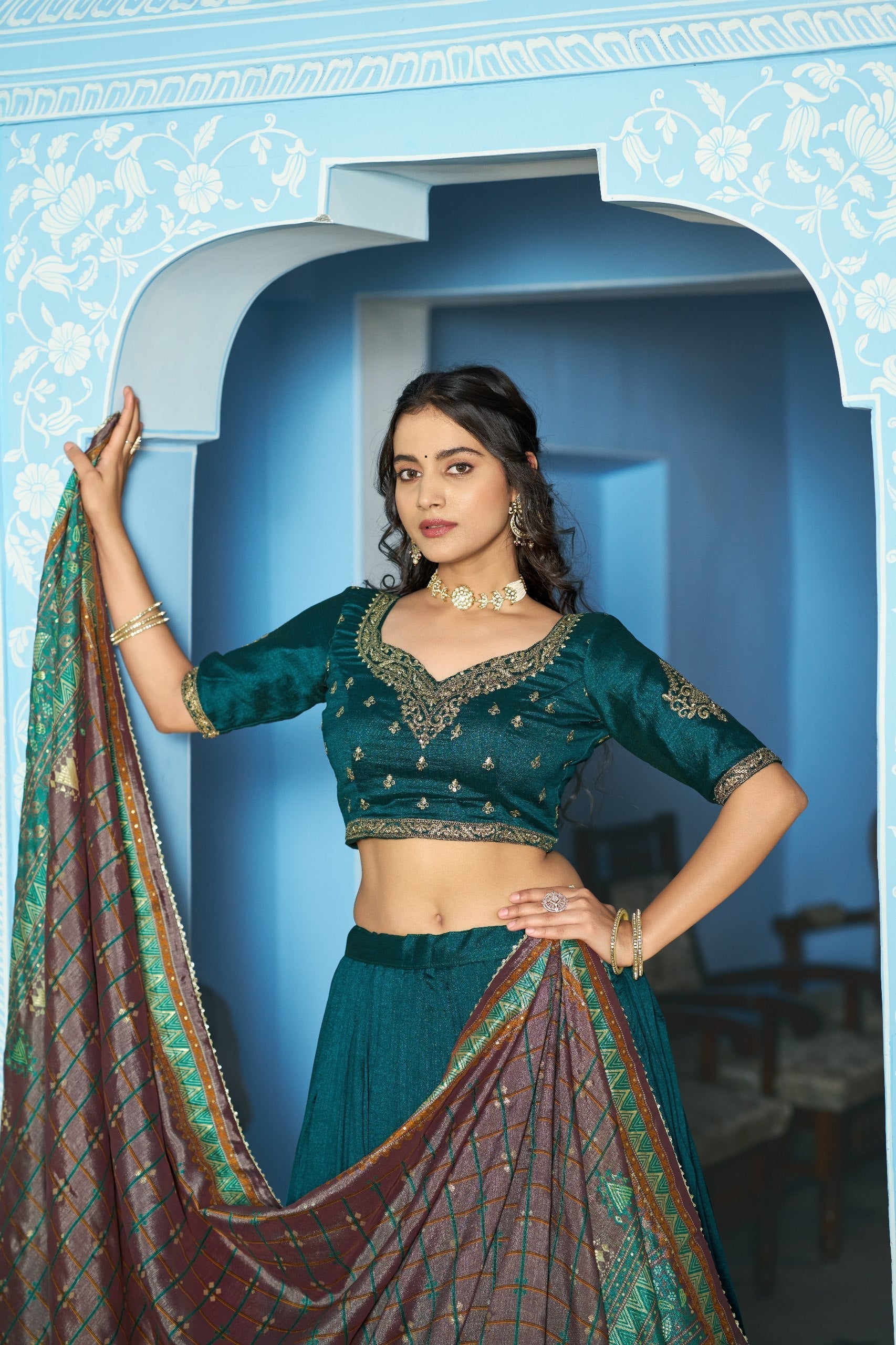 Teal Silk Embroidered Lehenga Set