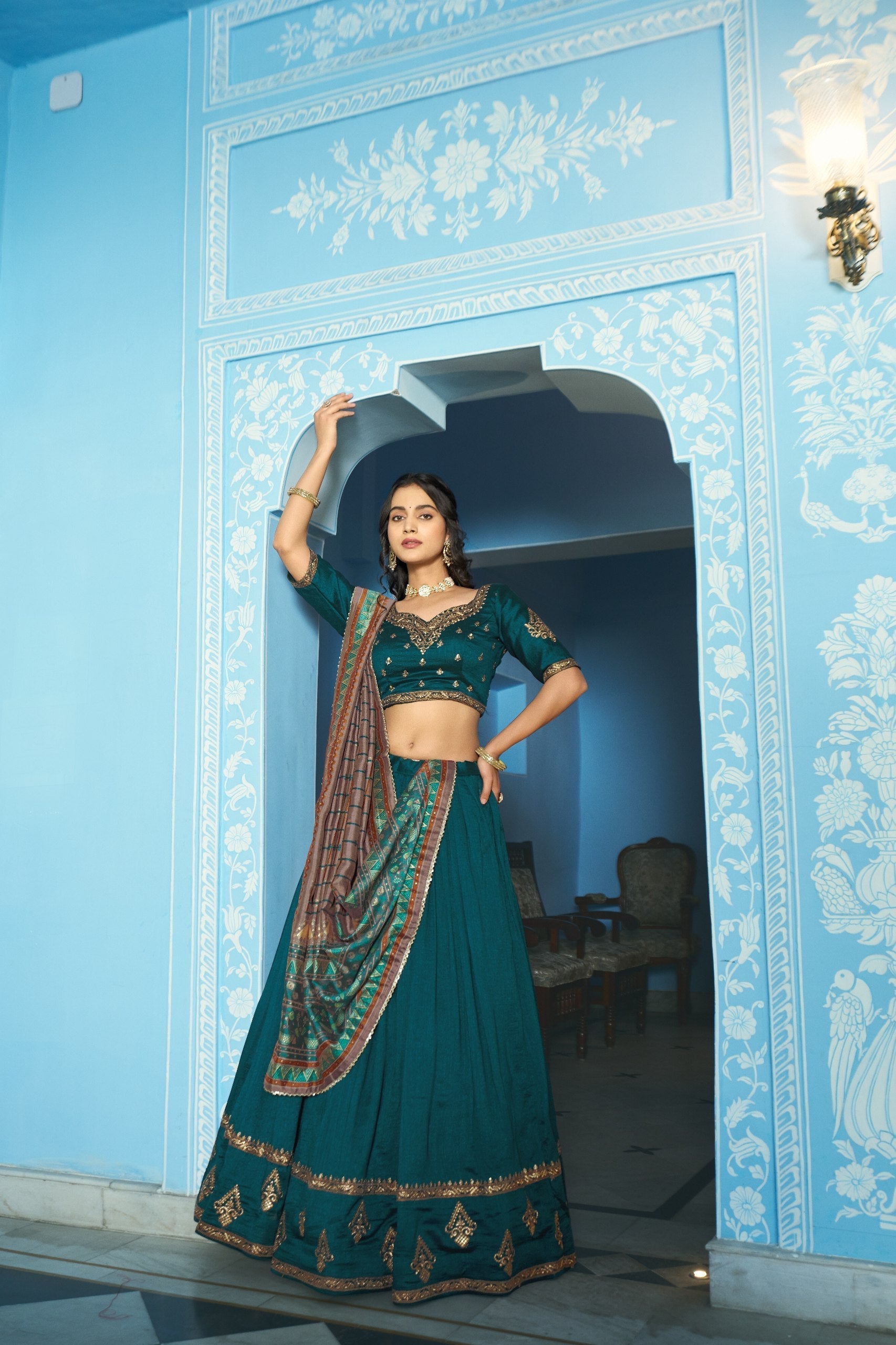 Teal Silk Embroidered Lehenga Set