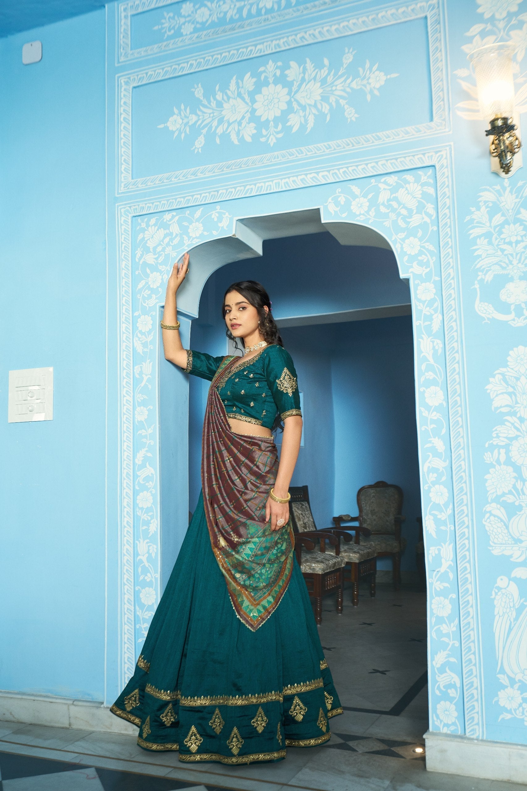 Teal Silk Embroidered Lehenga Set