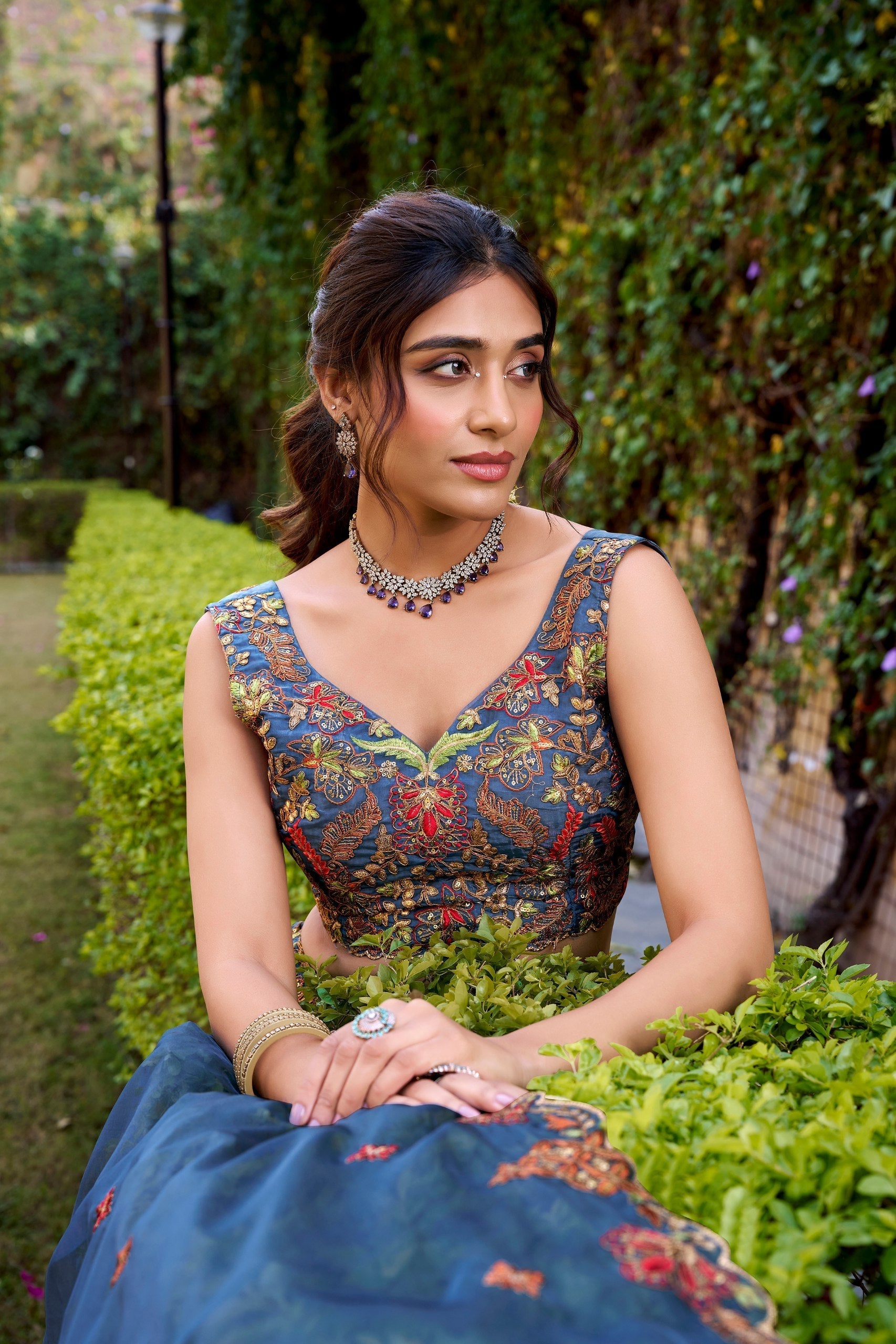 Teal Silk Sequins & Thread Embroidered Lehenga Choli Set