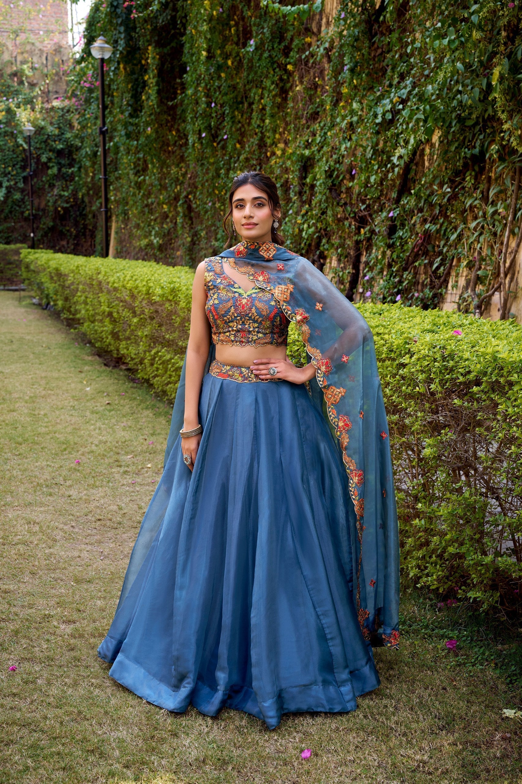 Teal Silk Sequins & Thread Embroidered Lehenga Choli Set