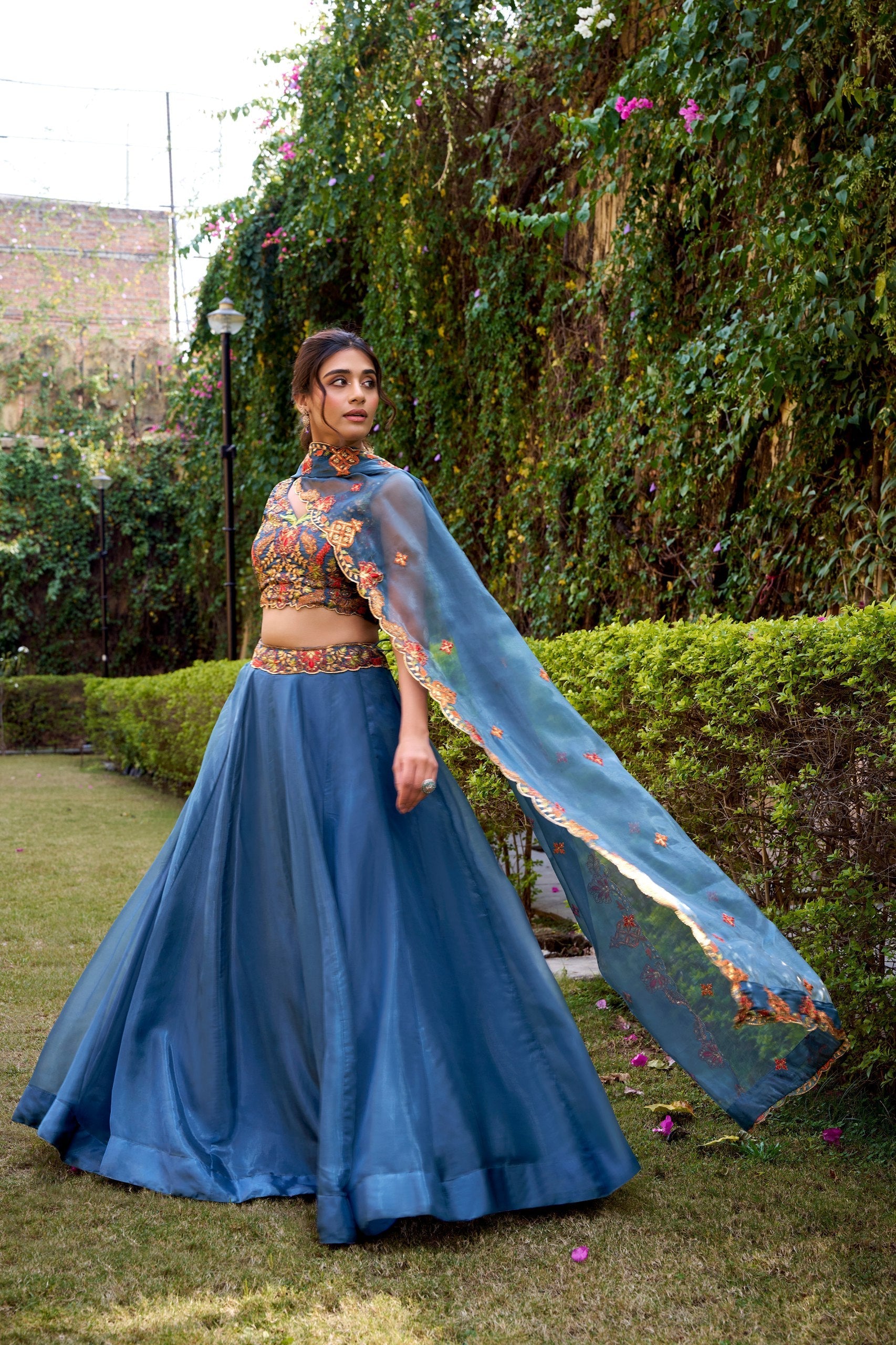 Teal Silk Sequins & Thread Embroidered Lehenga Choli Set