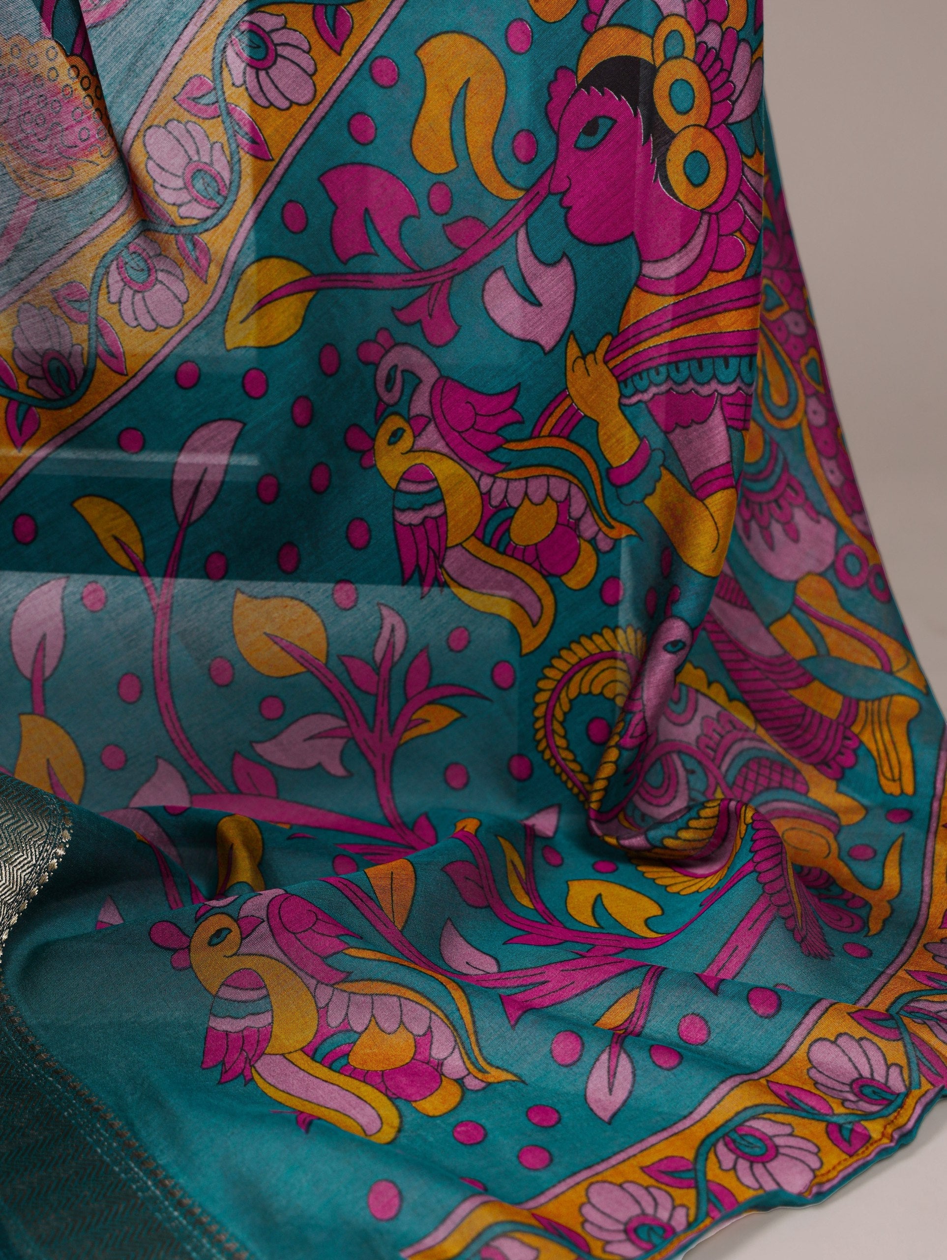 Teal Traditional Floral Printed Chanderi Saree with Zari Weaving Work