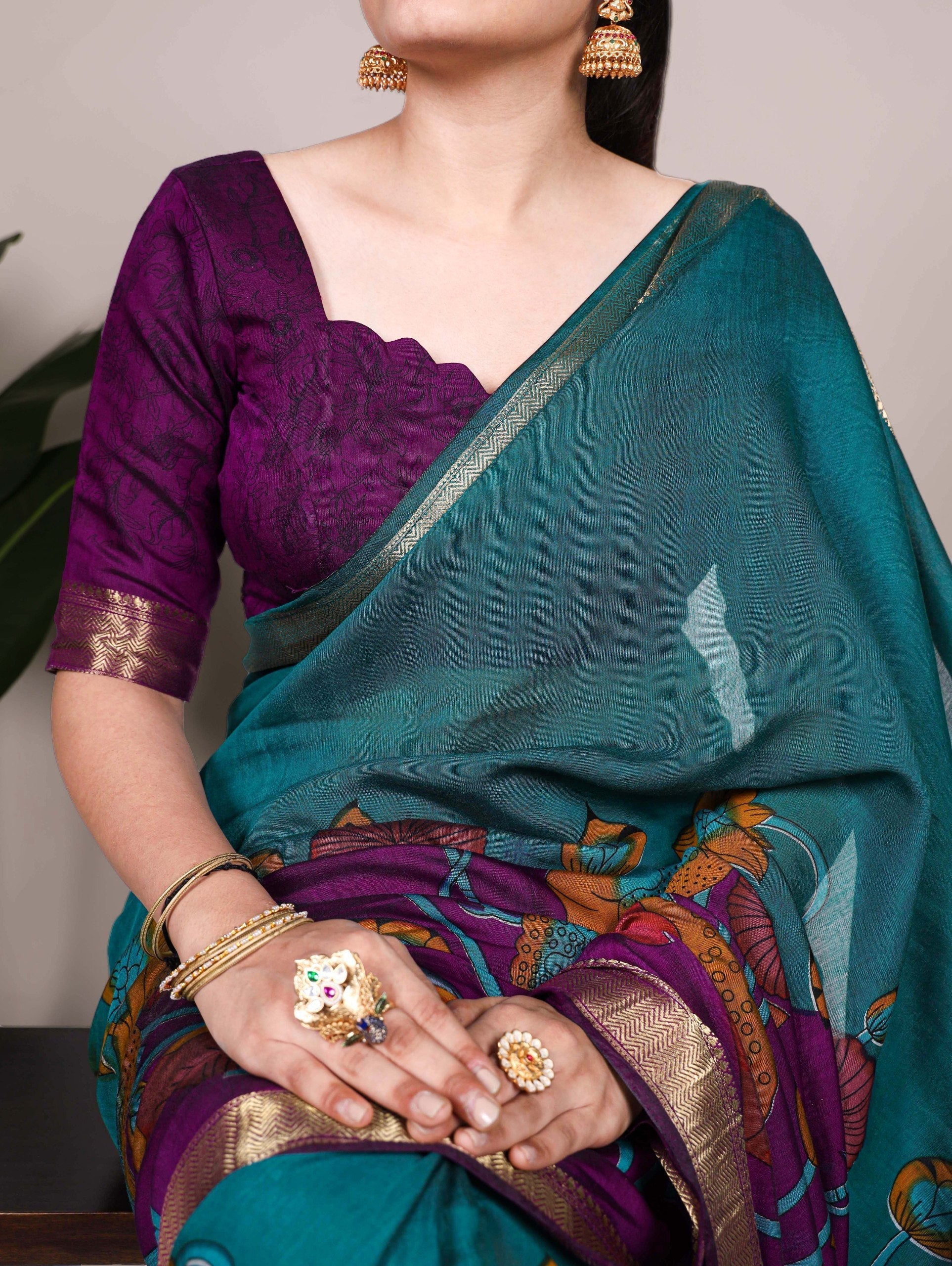 Teal Traditional Floral Printed Chanderi Saree with Zari Weaving Work