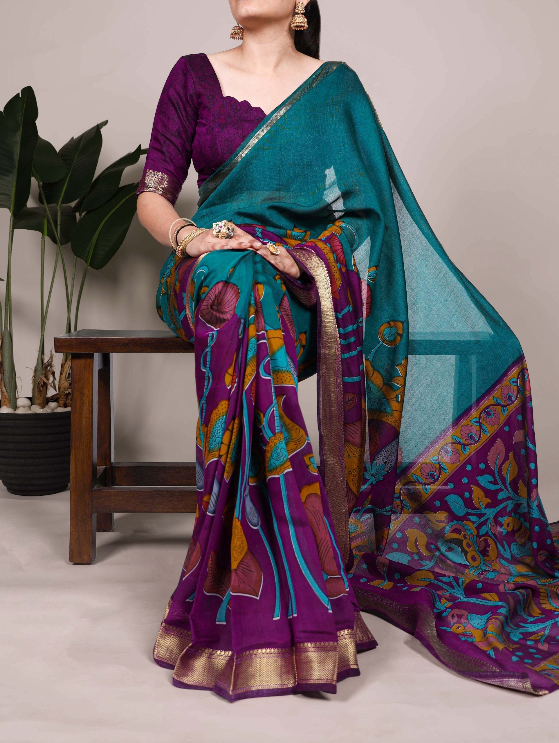 Teal Traditional Floral Printed Chanderi Saree with Zari Weaving Work