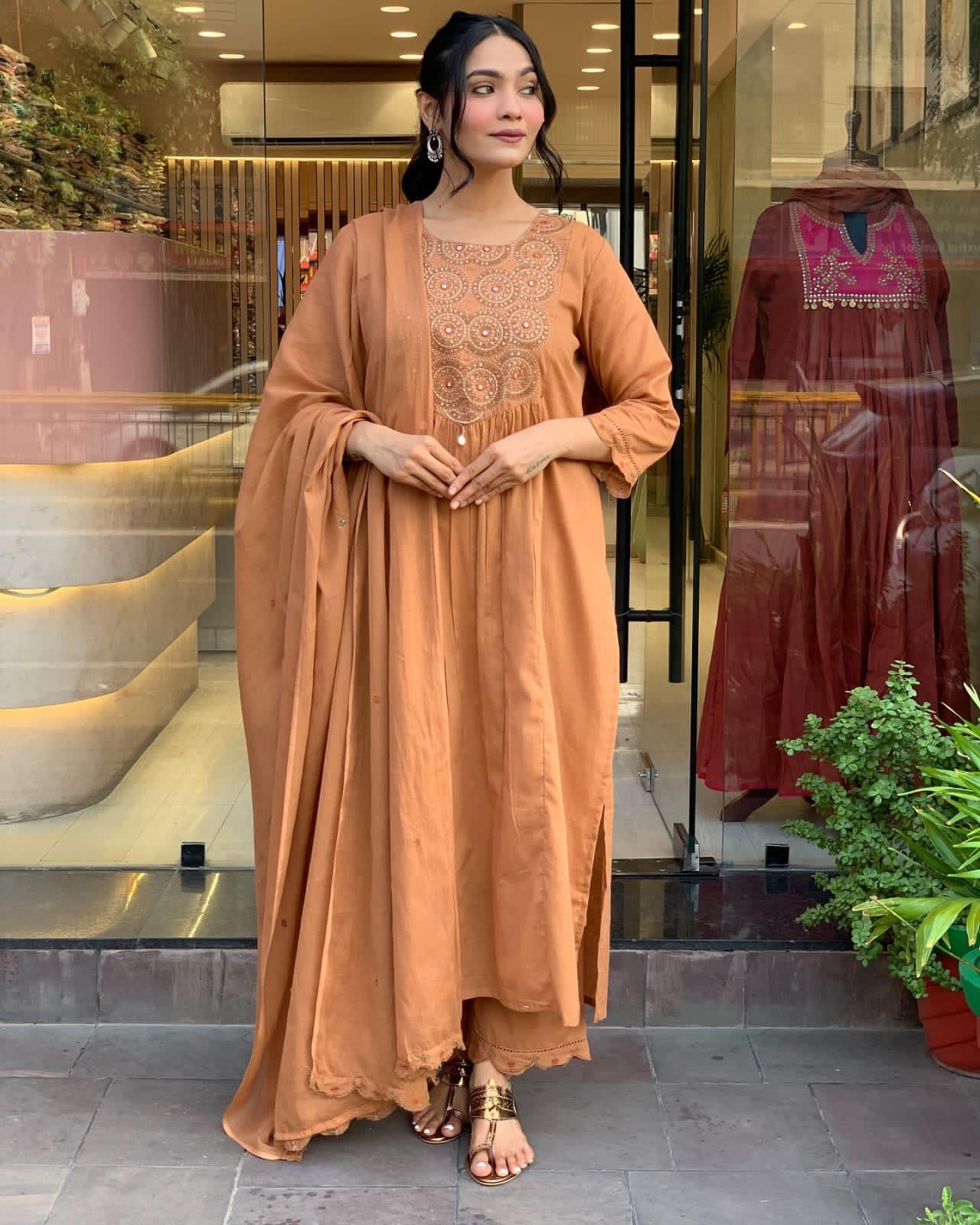 Tiered Anarkali Kurta Set with Embroidered Yoke and Malmal Dupatta