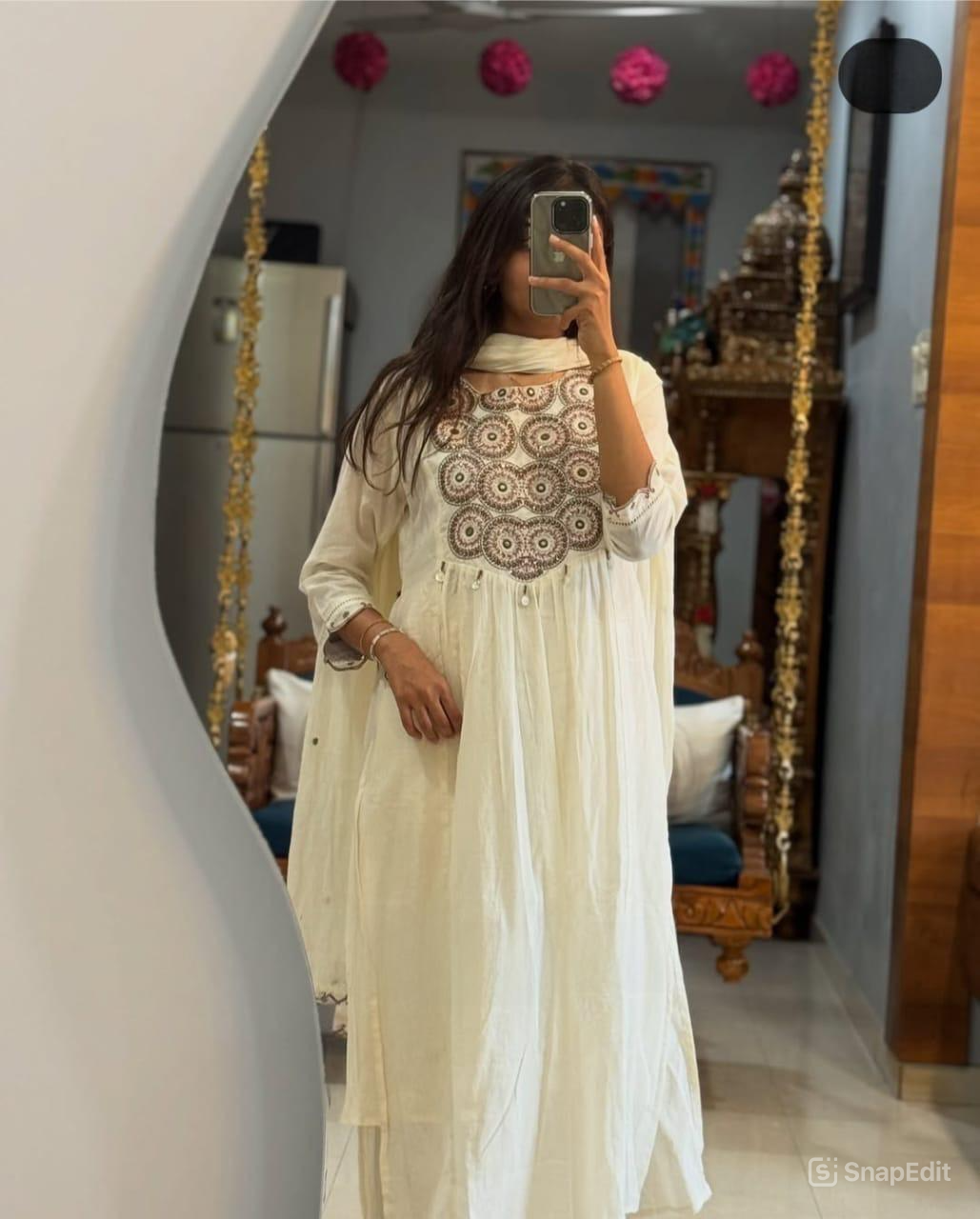 Tiered Anarkali Kurta Set with Embroidered Yoke and Malmal Dupatta