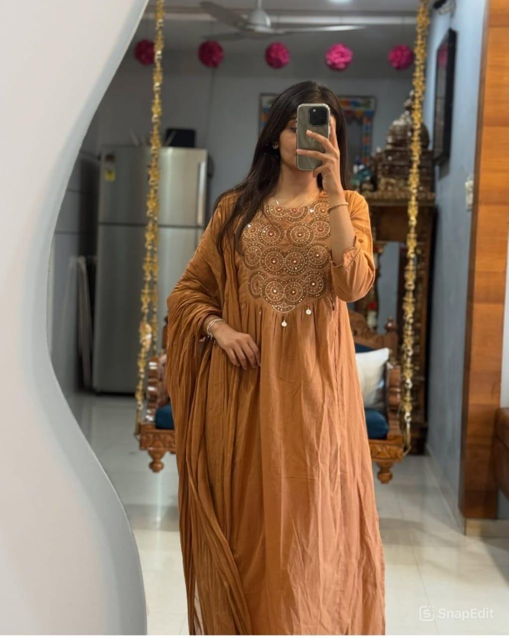 Tiered Anarkali Kurta Set with Embroidered Yoke and Malmal Dupatta