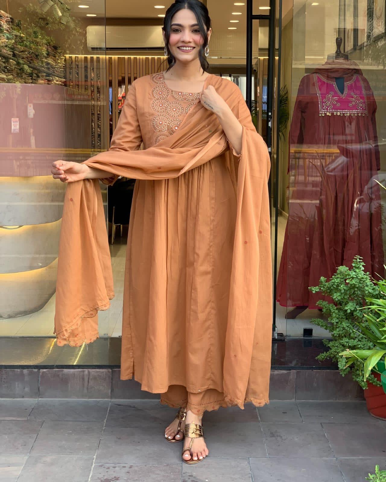Tiered Anarkali Kurta Set with Embroidered Yoke and Malmal Dupatta