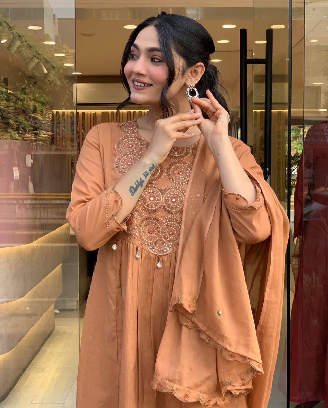Tiered Anarkali Kurta Set with Embroidered Yoke and Malmal Dupatta