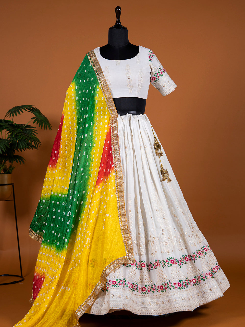 White Color Lucknowi Embroidery Work Georgette Lehenga Choli With Bandhej Dupatta