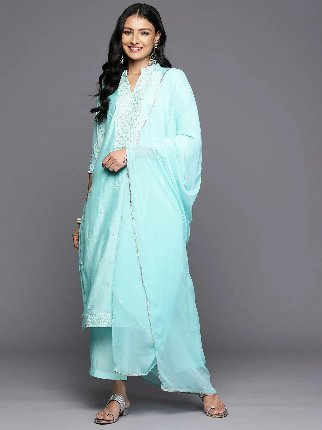 Anouk Turquoise Blue Embroidered Silk Blend Straight Kurta With Trousers & Dupatta