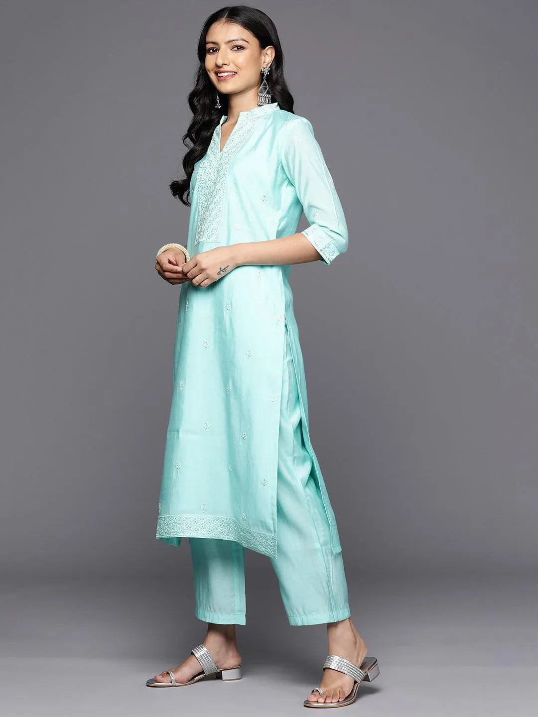 Anouk Turquoise Blue Embroidered Silk Blend Straight Kurta With Trousers & Dupatta