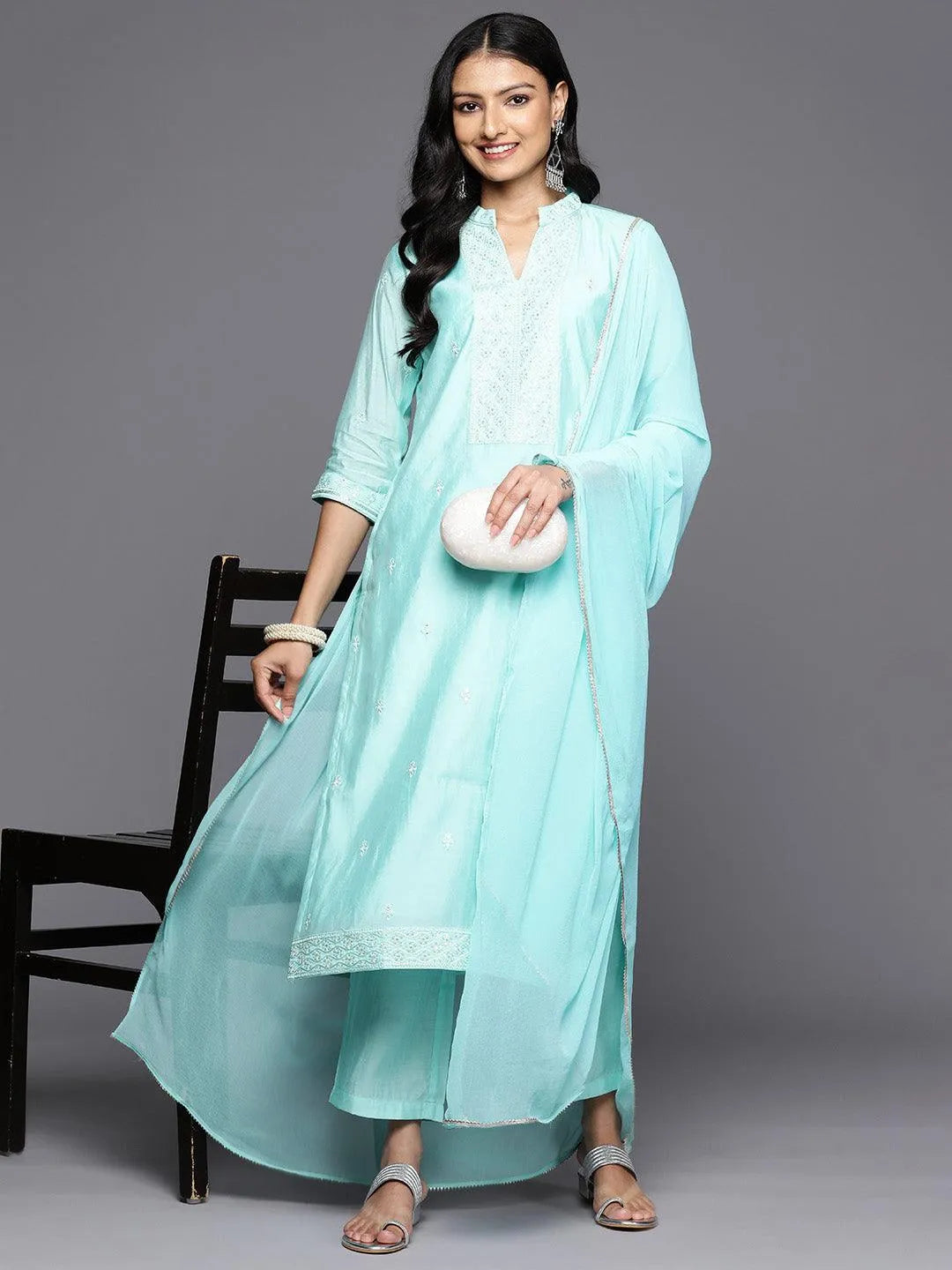 Anouk Turquoise Blue Embroidered Silk Blend Straight Kurta With Trousers & Dupatta