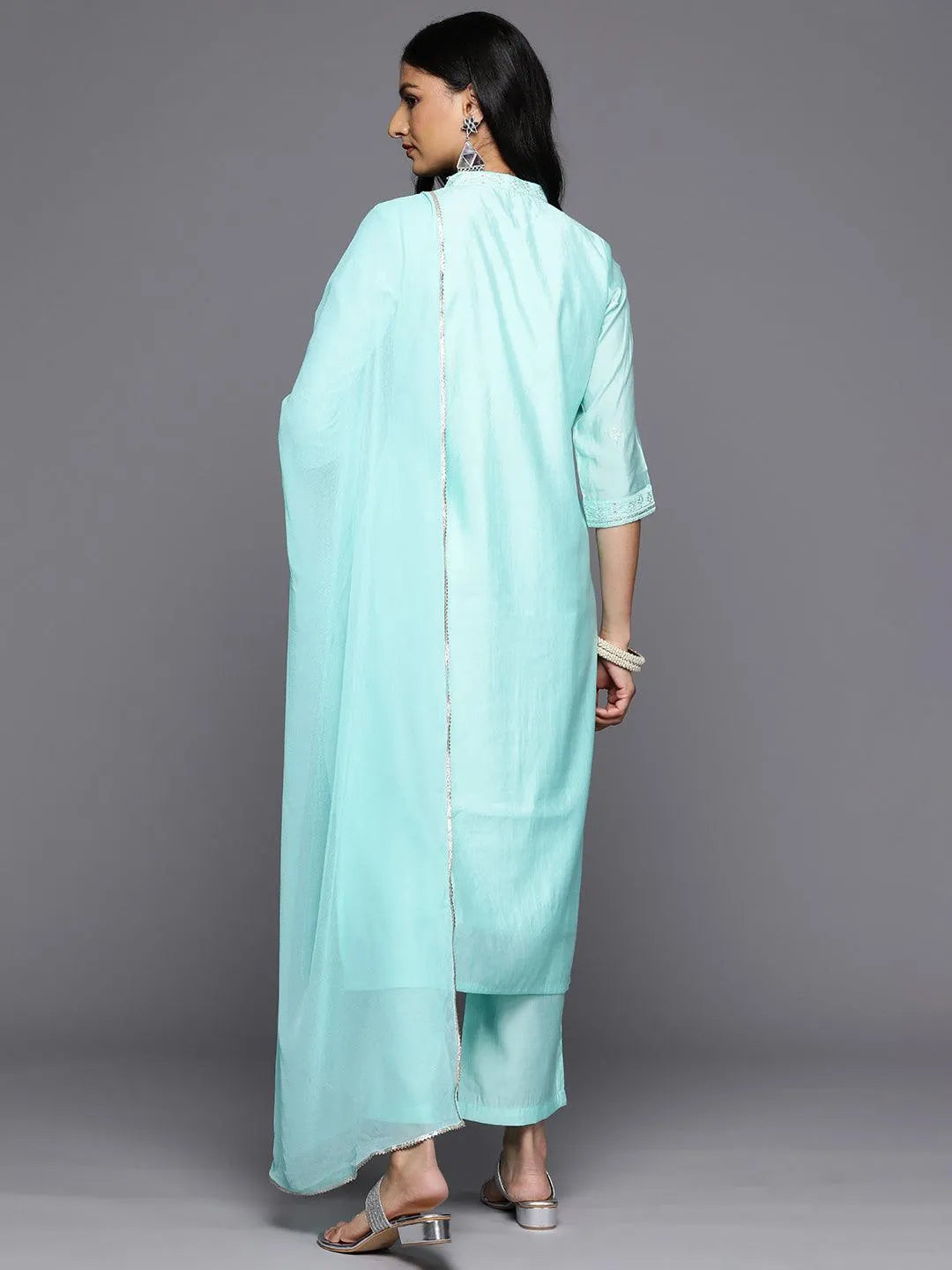 Anouk Turquoise Blue Embroidered Silk Blend Straight Kurta With Trousers & Dupatta