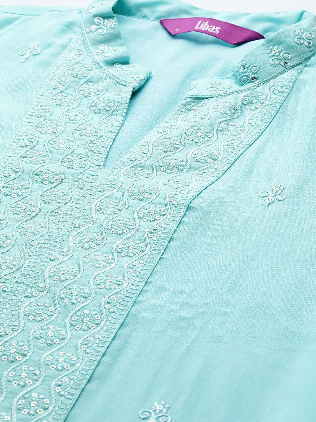 Anouk Turquoise Blue Embroidered Silk Blend Straight Kurta With Trousers & Dupatta