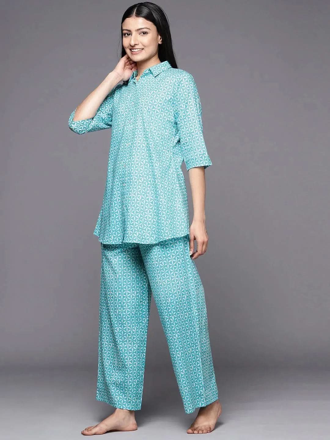 Anouk Turquoise Blue Printed Cotton Night Suit