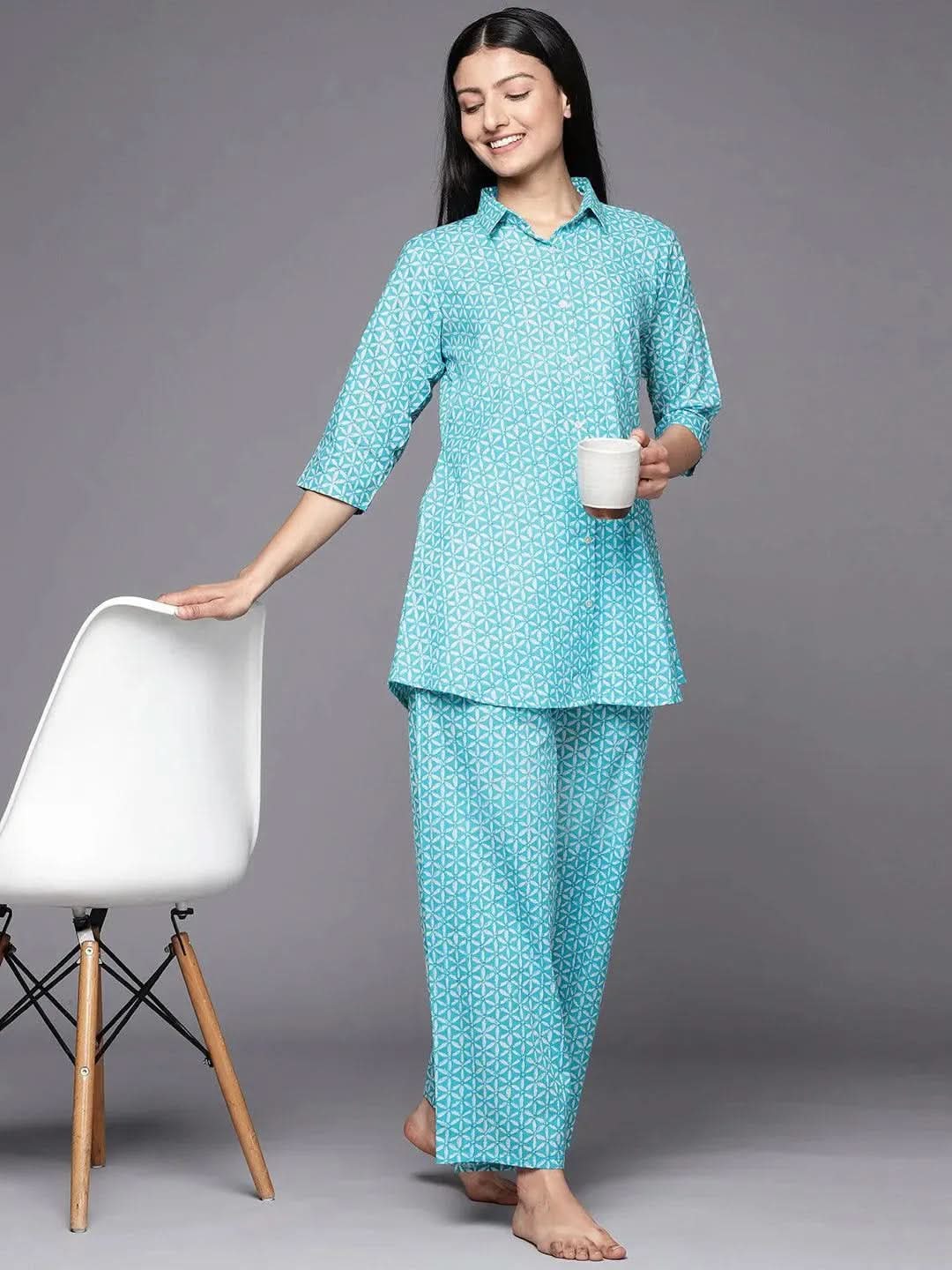 Anouk Turquoise Blue Printed Cotton Night Suit