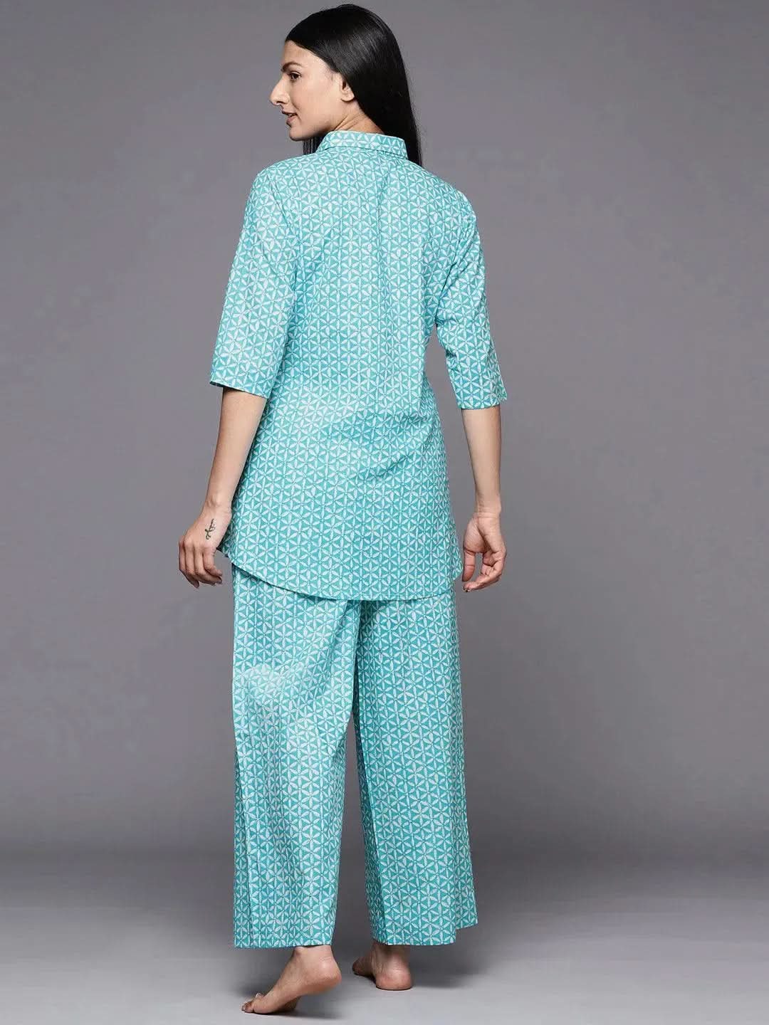 Anouk Turquoise Blue Printed Cotton Night Suit