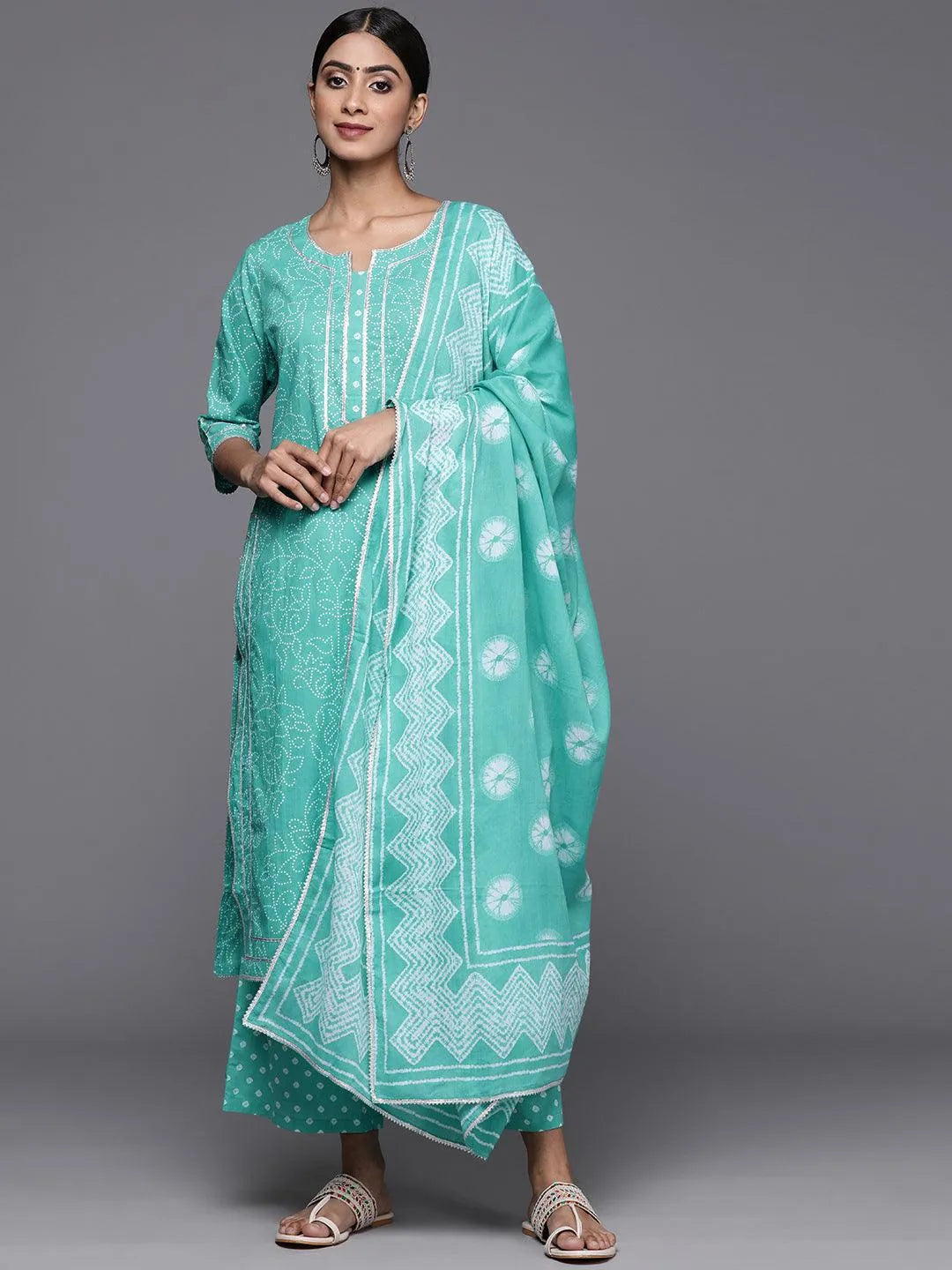 Anouk Turquoise Blue Printed Cotton Straight Kurta With Palazzos & Dupatta