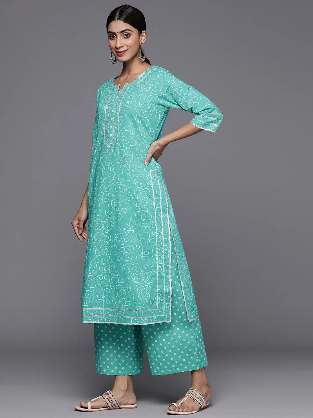 Anouk Turquoise Blue Printed Cotton Straight Kurta With Palazzos & Dupatta