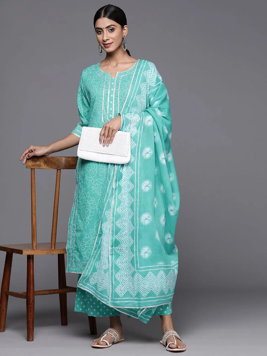 Anouk Turquoise Blue Printed Cotton Straight Kurta With Palazzos & Dupatta