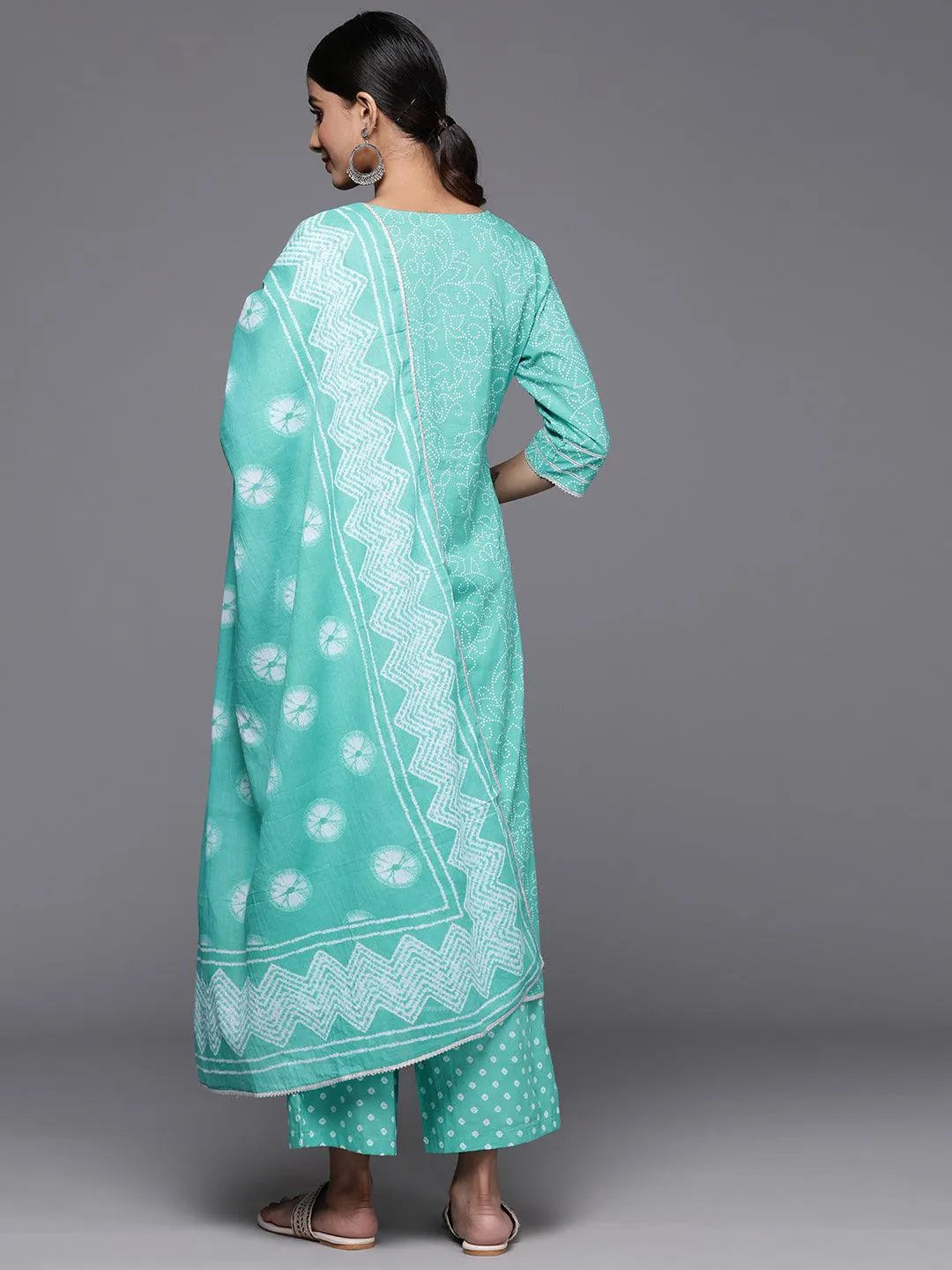 Anouk Turquoise Blue Printed Cotton Straight Kurta With Palazzos & Dupatta