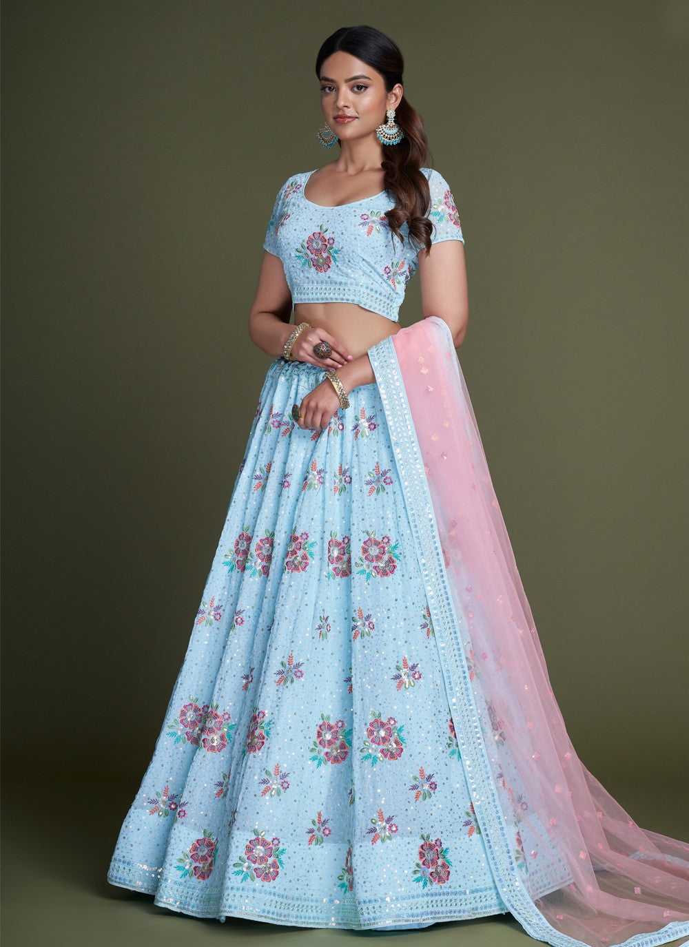 Turquoise Pakistani Georgette Lehenga Choli For Indian Festivals & Weddings - Sequence Embroidery Work, Thread Embroidery Work,