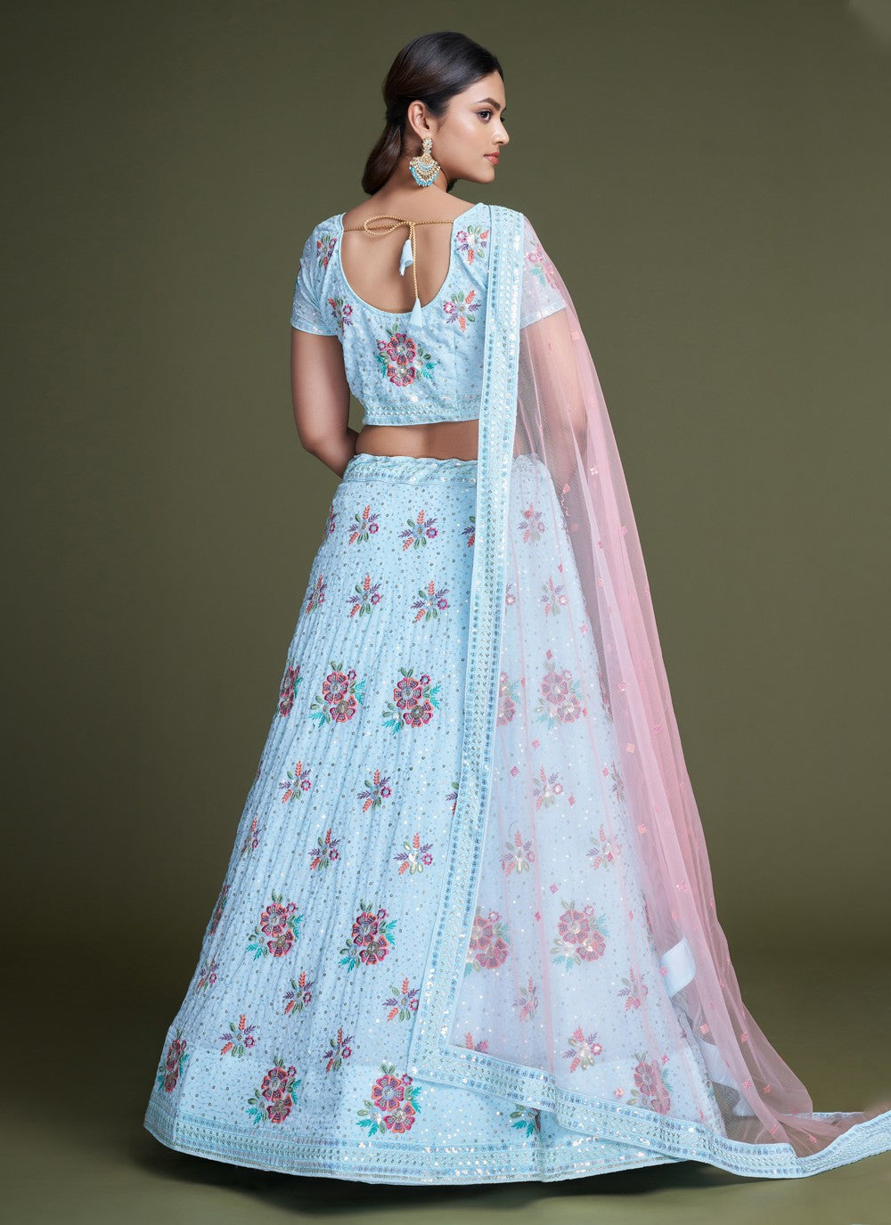 Turquoise Pakistani Georgette Lehenga Choli For Indian Festivals & Weddings - Sequence Embroidery Work, Thread Embroidery Work,