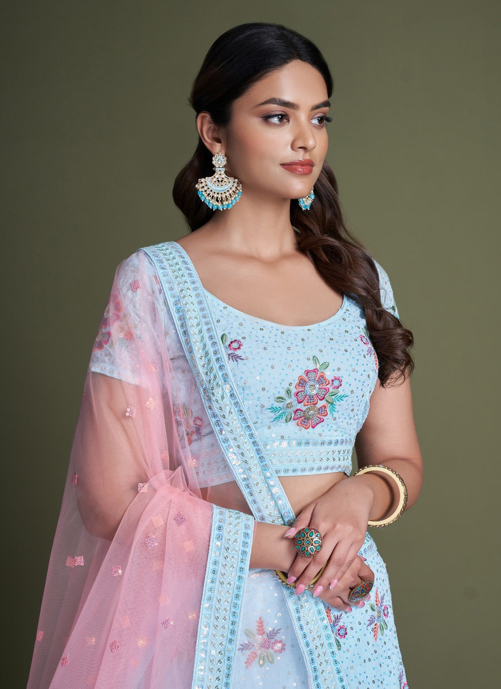 Turquoise Pakistani Georgette Lehenga Choli For Indian Festivals & Weddings - Sequence Embroidery Work, Thread Embroidery Work,