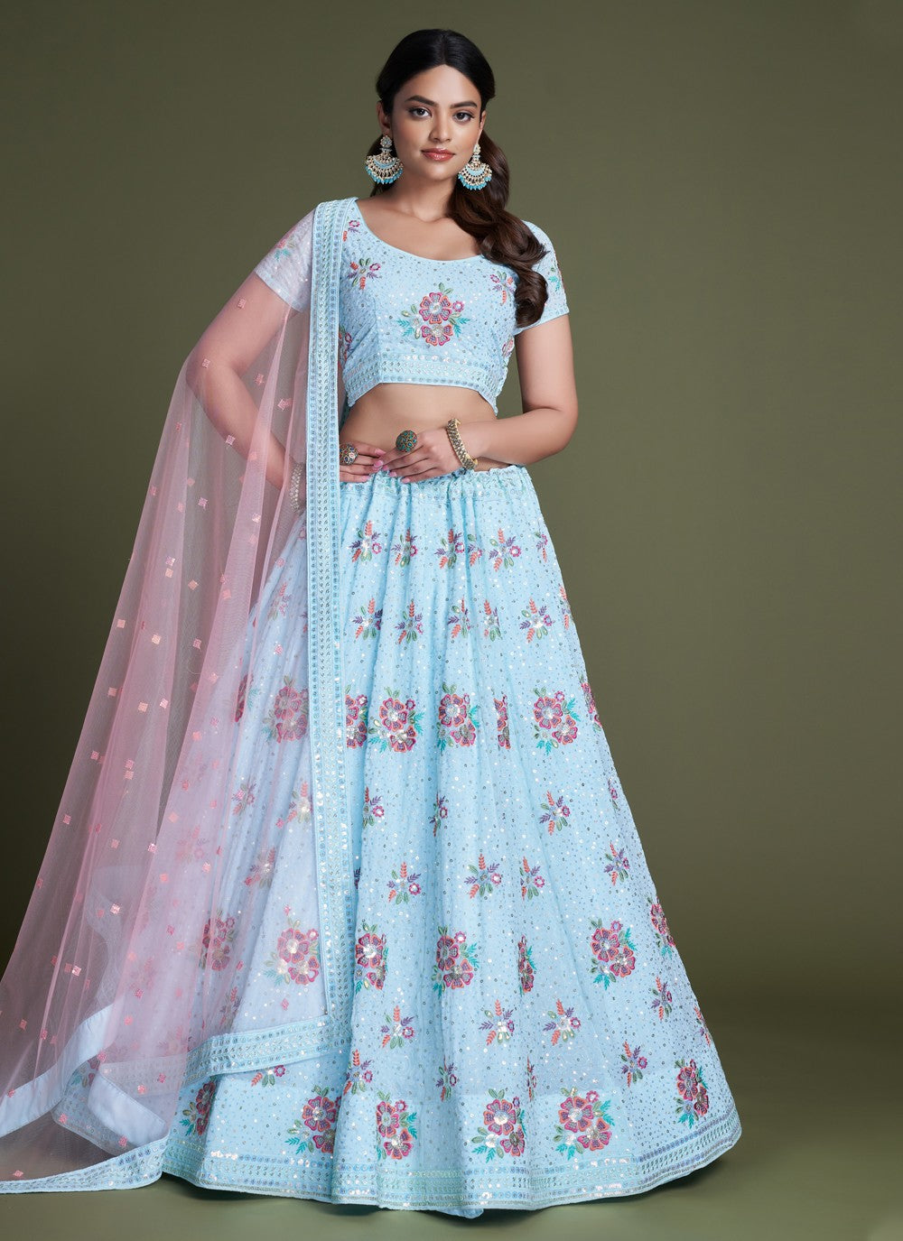 Turquoise Pakistani Georgette Lehenga Choli For Indian Festivals & Weddings - Sequence Embroidery Work, Thread Embroidery Work,
