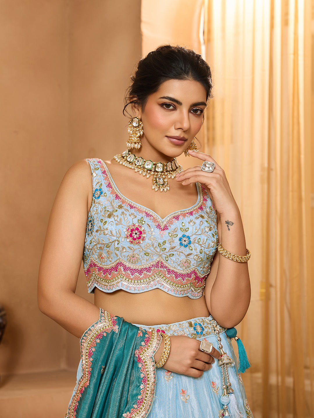 Turquoiseblue Tissue Lehenga Choli with Sequins, Beads & Thread Embroidery – Full-Flared Semi-Stitched Lehenga with Dupatta