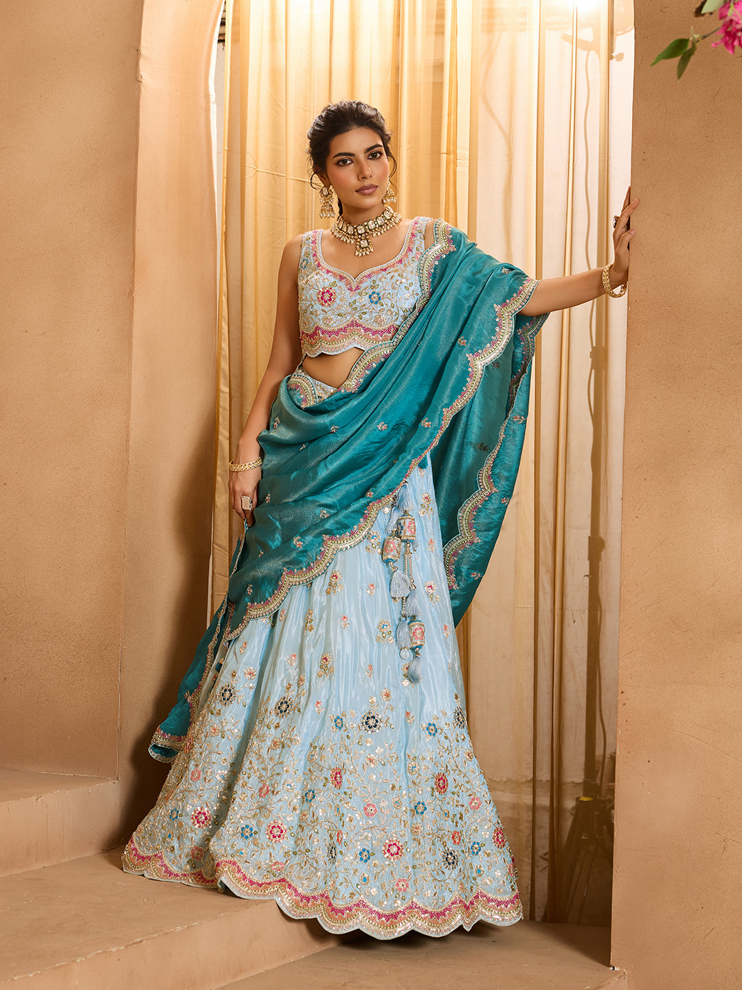 Turquoiseblue Tissue Lehenga Choli with Sequins, Beads & Thread Embroidery – Full-Flared Semi-Stitched Lehenga with Dupatta