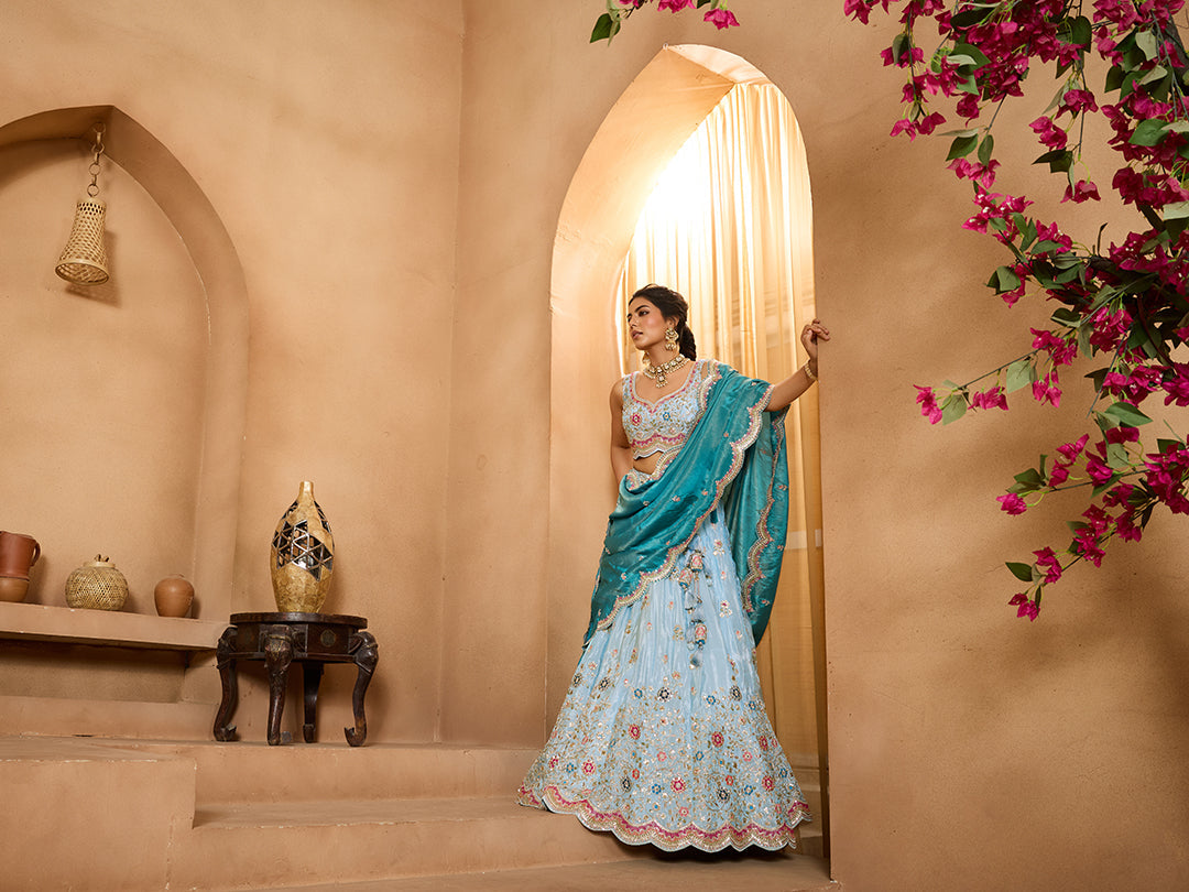 Turquoiseblue Tissue Lehenga Choli with Sequins, Beads & Thread Embroidery – Full-Flared Semi-Stitched Lehenga with Dupatta