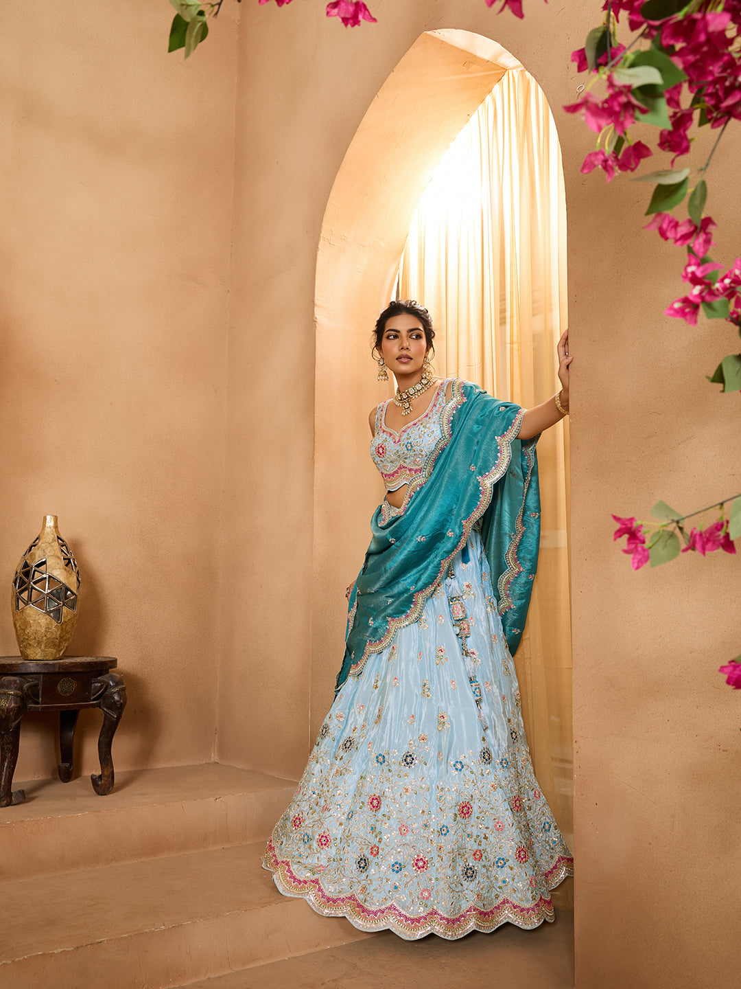 Turquoiseblue Tissue Lehenga Choli with Sequins, Beads & Thread Embroidery – Full-Flared Semi-Stitched Lehenga with Dupatta