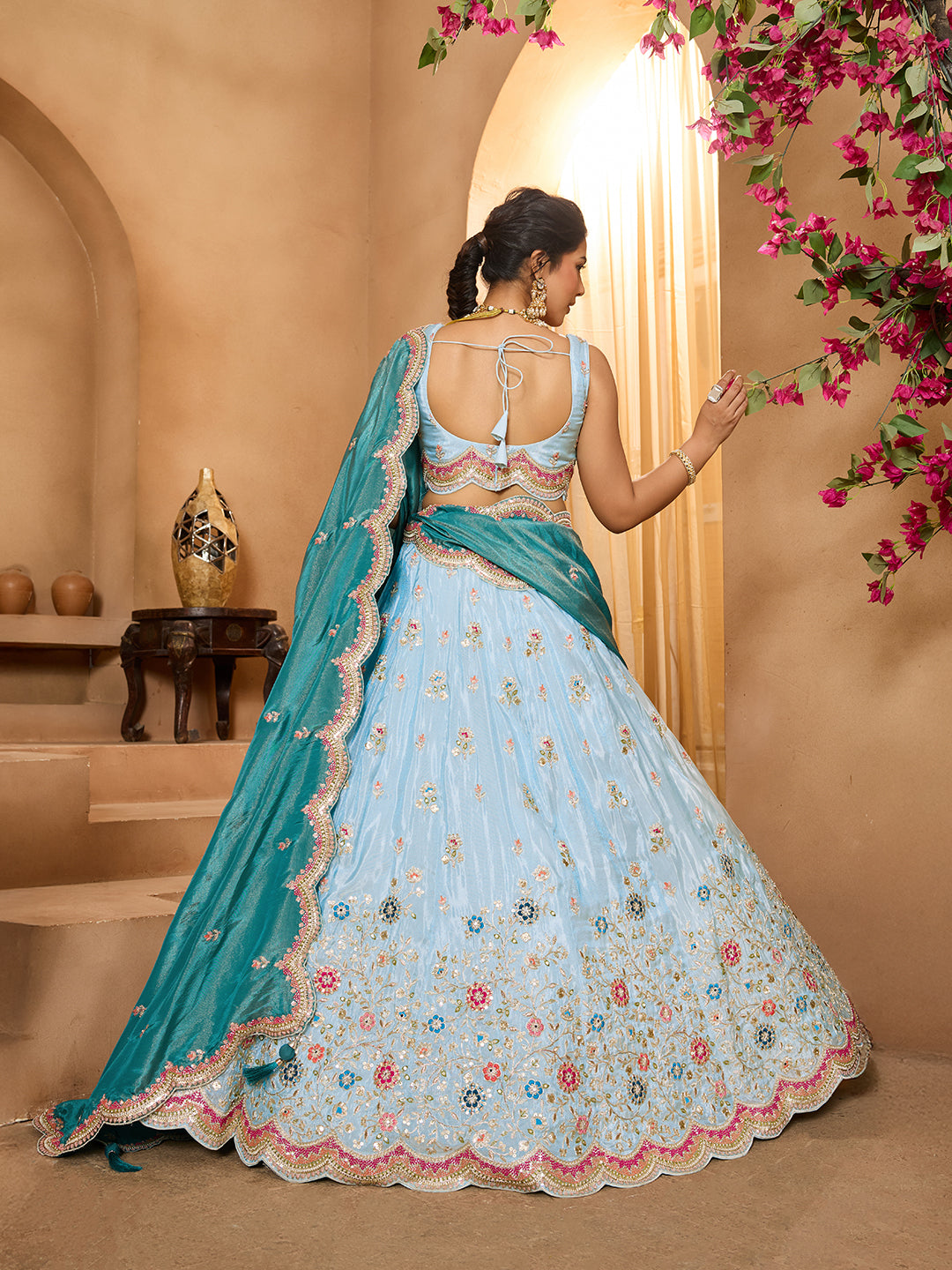 Turquoiseblue Tissue Lehenga Choli with Sequins, Beads & Thread Embroidery – Full-Flared Semi-Stitched Lehenga with Dupatta