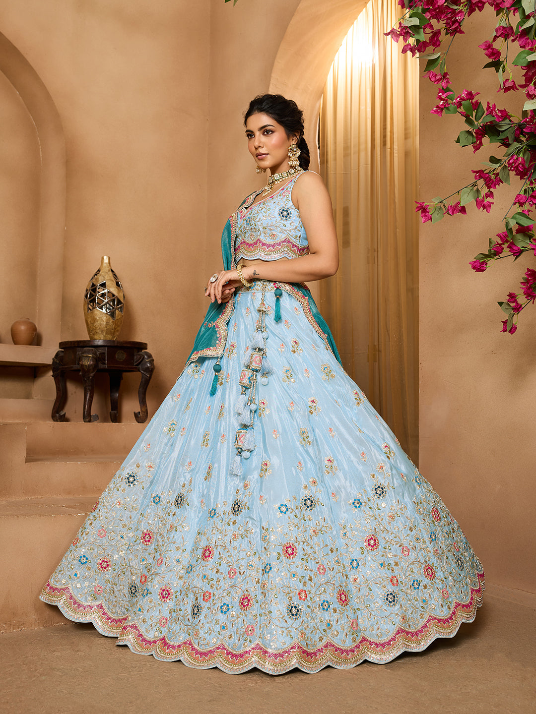 Turquoiseblue Tissue Lehenga Choli with Sequins, Beads & Thread Embroidery – Full-Flared Semi-Stitched Lehenga with Dupatta