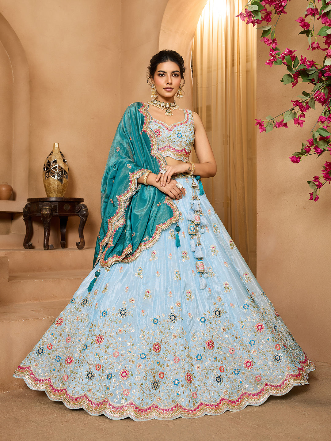 Turquoiseblue Tissue Lehenga Choli with Sequins, Beads & Thread Embroidery – Full-Flared Semi-Stitched Lehenga with Dupatta