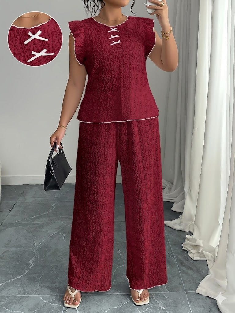 women Round Neck Mushroom Sleeve Top & Straight Pants