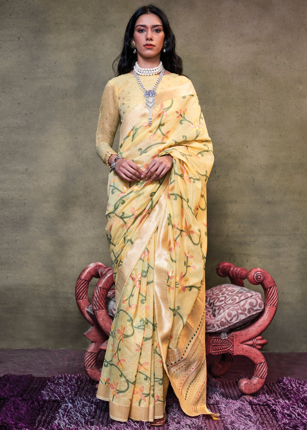 Vanilla Yelolw Elegant Jamdani Modal Cotton Silk Saree – Timeless Weave with Intricate Motifs