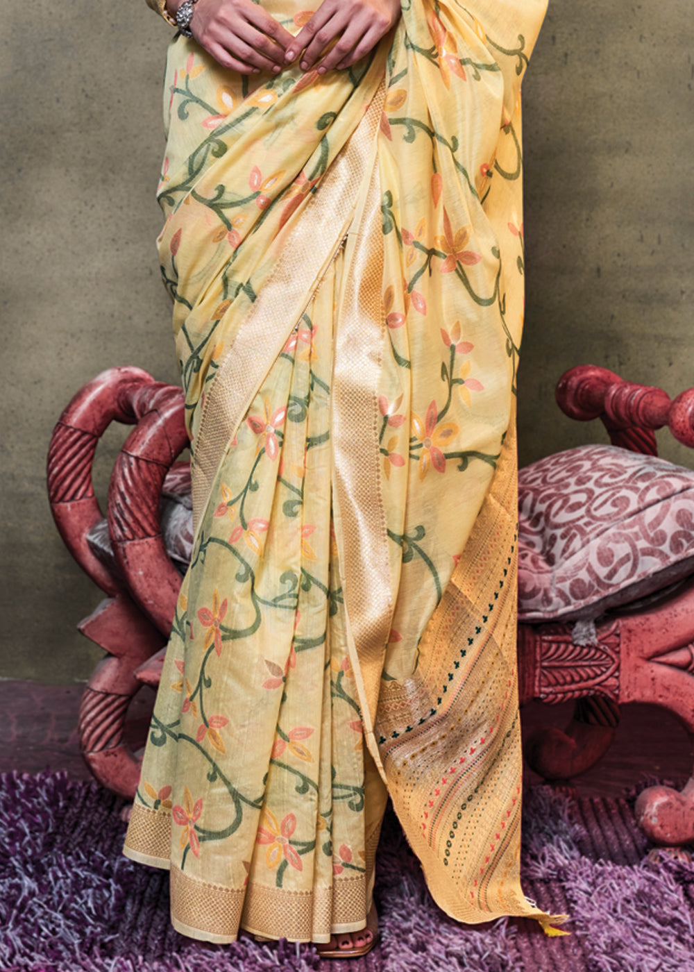 Vanilla Yelolw Elegant Jamdani Modal Cotton Silk Saree – Timeless Weave with Intricate Motifs