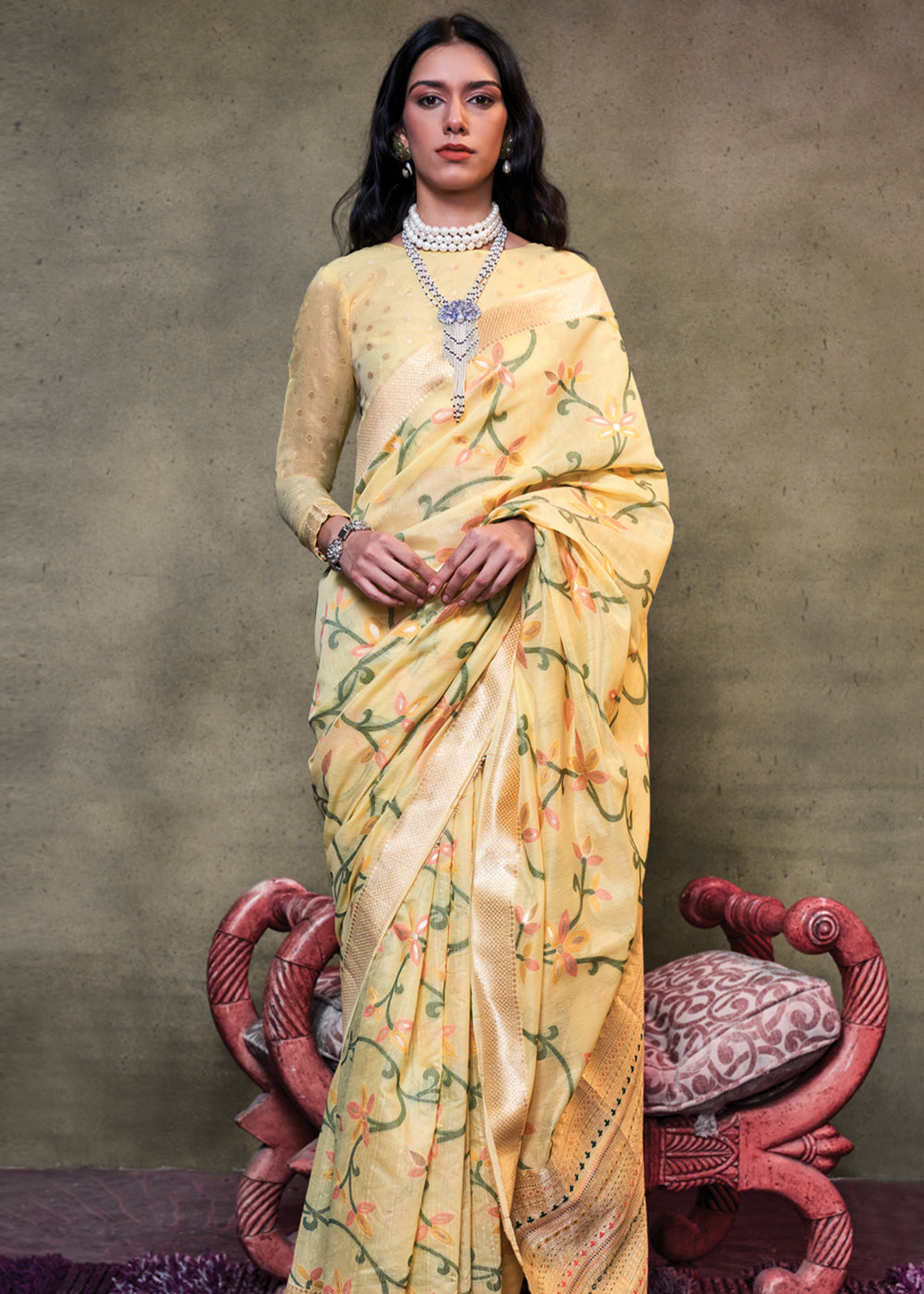 Vanilla Yelolw Elegant Jamdani Modal Cotton Silk Saree – Timeless Weave with Intricate Motifs