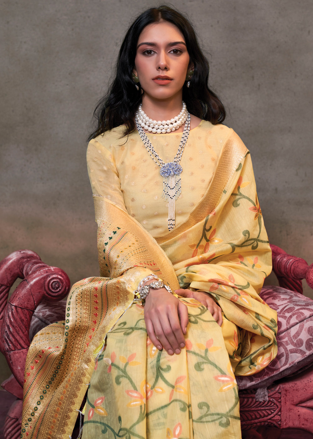 Vanilla Yelolw Elegant Jamdani Modal Cotton Silk Saree – Timeless Weave with Intricate Motifs