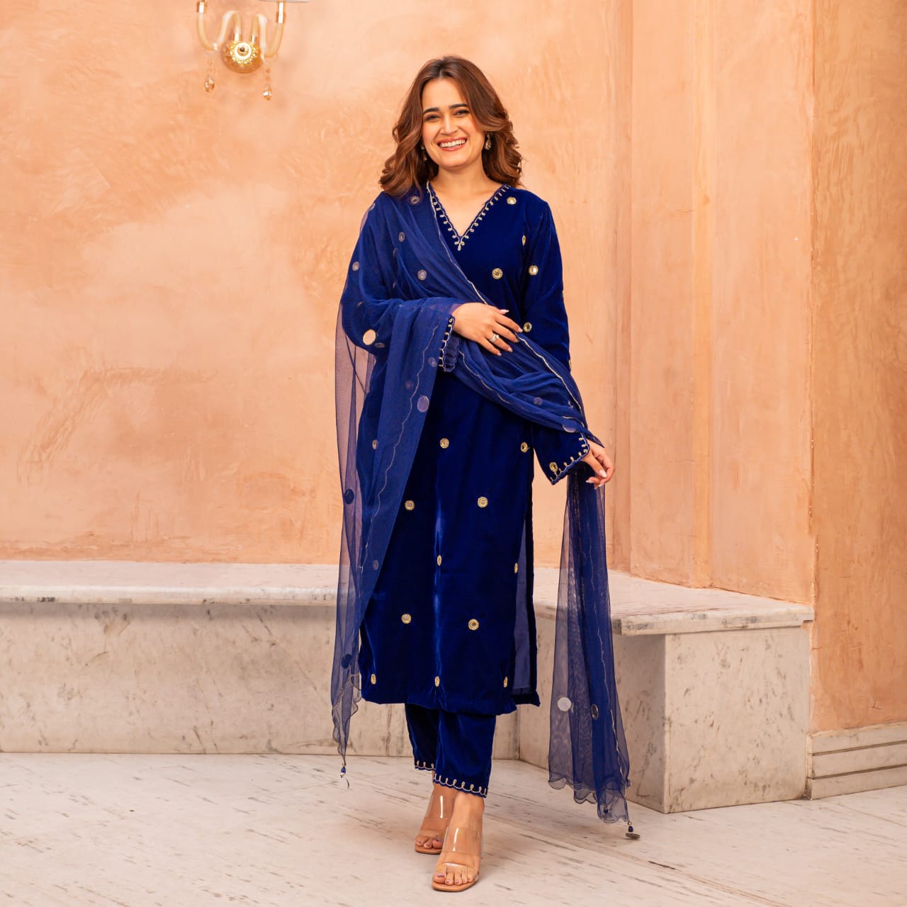 Velvet Winter Suit Set with Mirror, Zari & Cutdana Work
