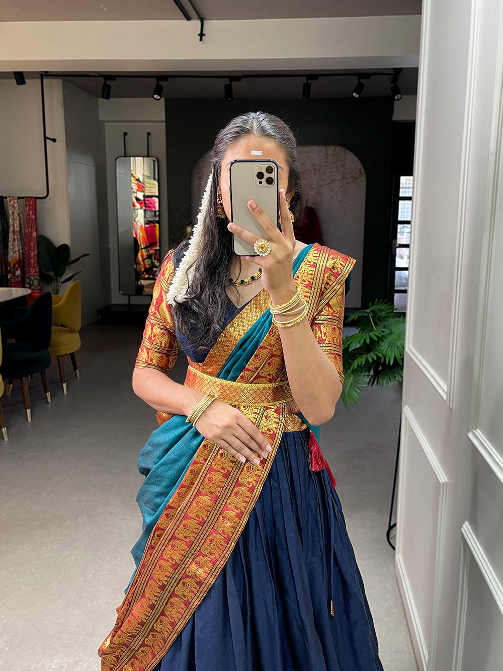 Navy Blue Color Zari Weaving Work Narayan Pet (Cotton) South Indian Lehenga Choli