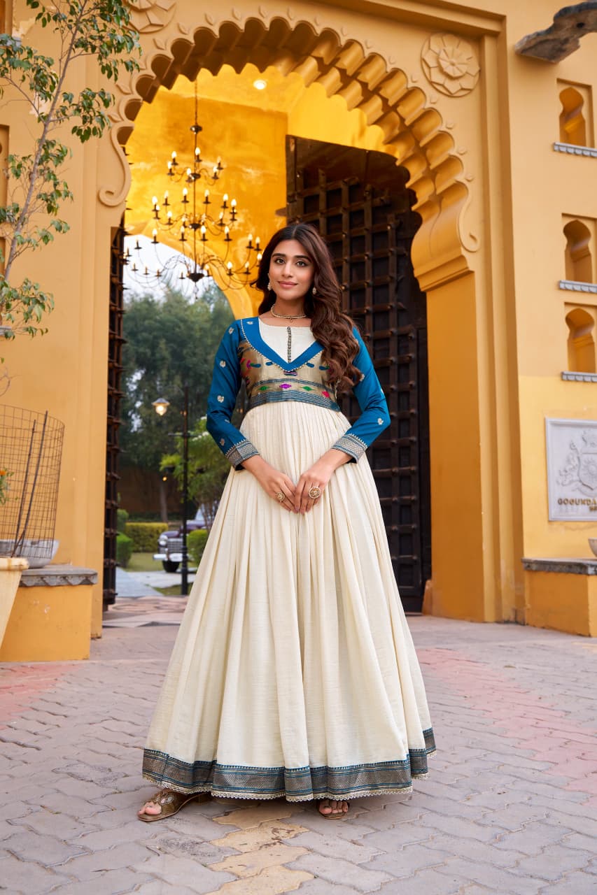 Vichitra Silk Flared Gown with Zari Weaving & Lace Work