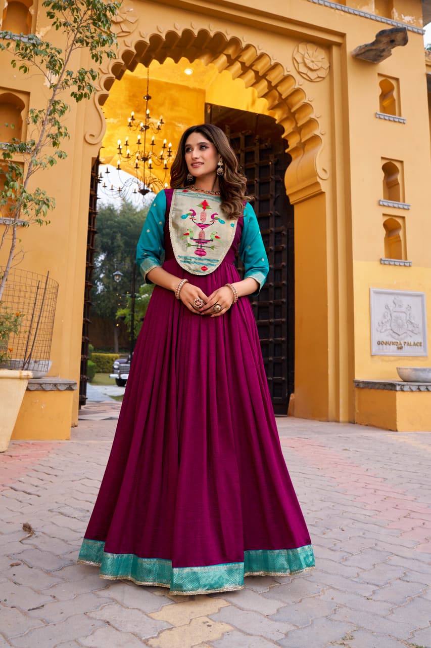 Vichitra Silk Flared Gown with Zari Weaving & Lace Work