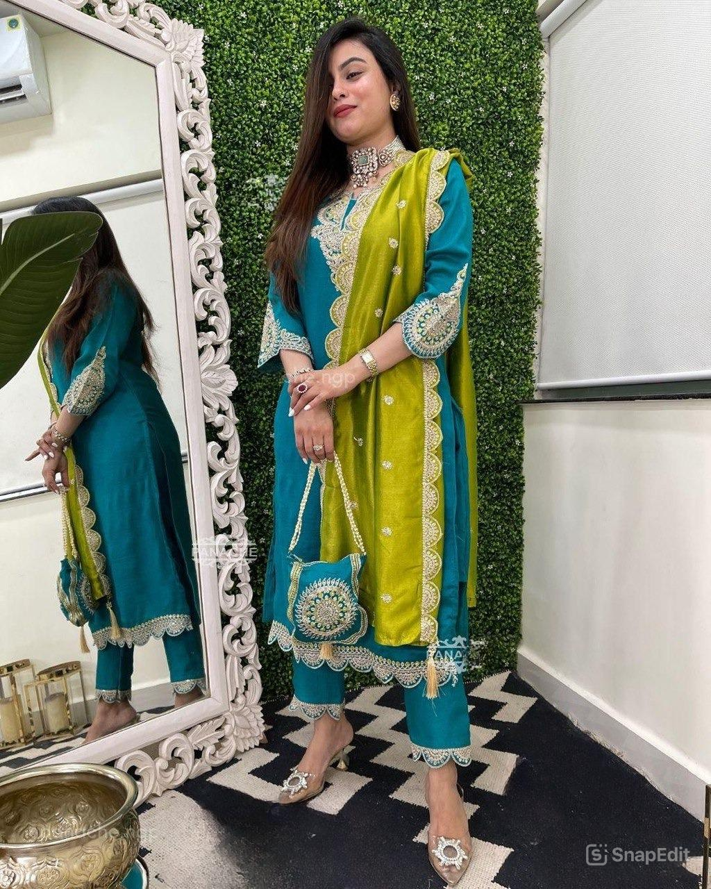 Vichitra Silk Kurti Set with Potli – Embroidered & Lined
