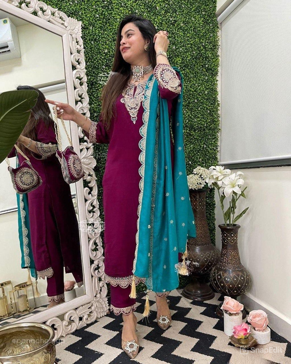 Vichitra Silk Kurti Set with Potli – Embroidered & Lined