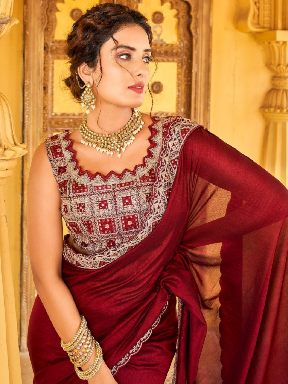 Maroon Color Vichitra Silk Saree